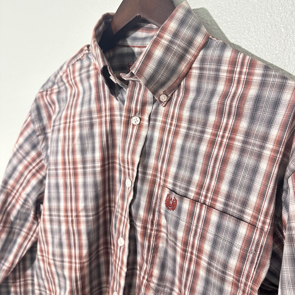 Panhandle Rough Stock Mens Plaid Western Button Down Shirt Orange Grey S
